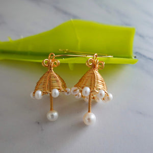 Handmade Umbrella Earrings/Necklace, 14K Gold Filled Wire, Natural Pearls  - NovaHearts Jewelry