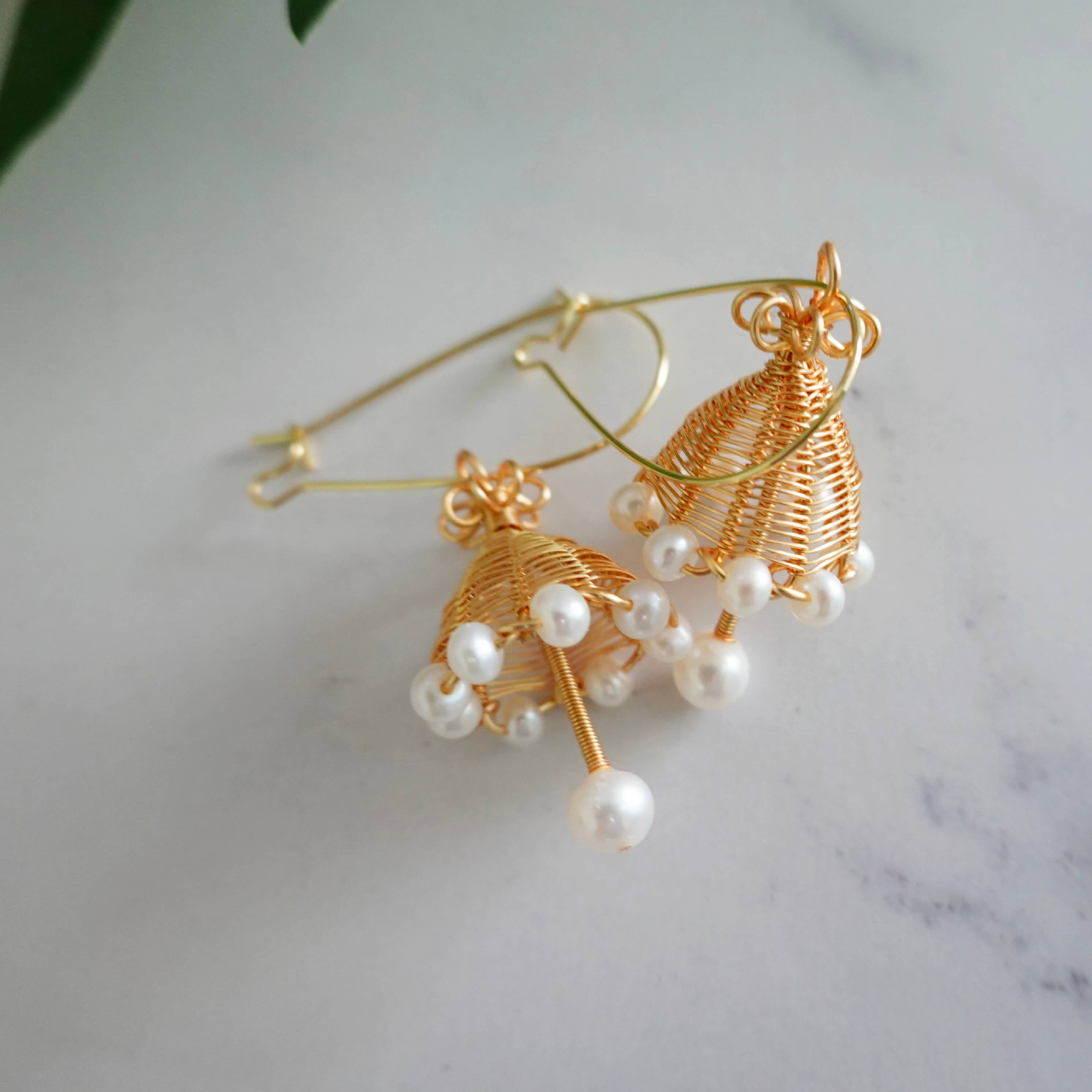 Handmade Umbrella Earrings/Necklace, 14K Gold Filled Wire, Natural Pearls  - NovaHearts Jewelry