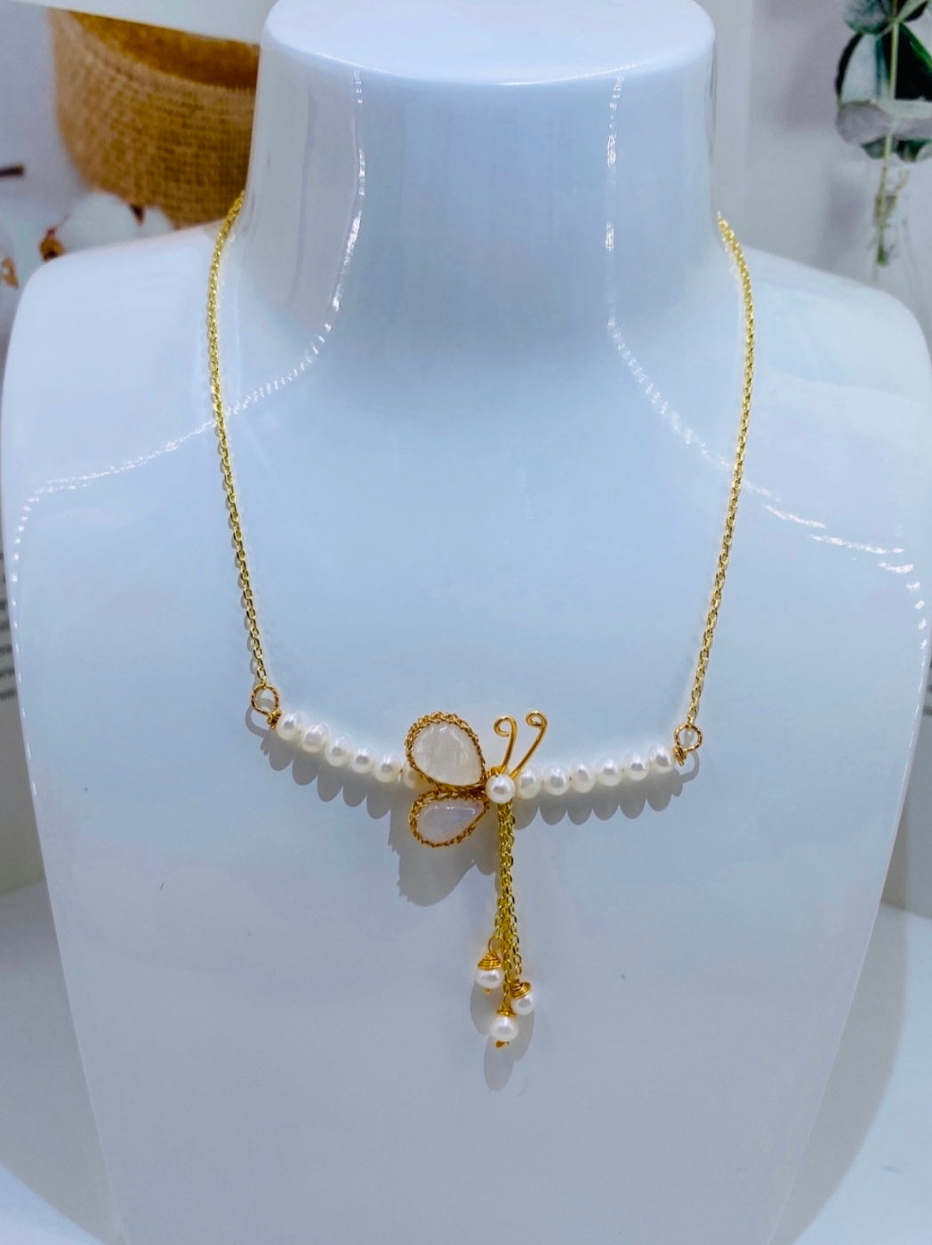 Handmade Moonstone Butterfly Necklace with pearls, 14K Gold Filled Wire  - NovaHearts Jewelry