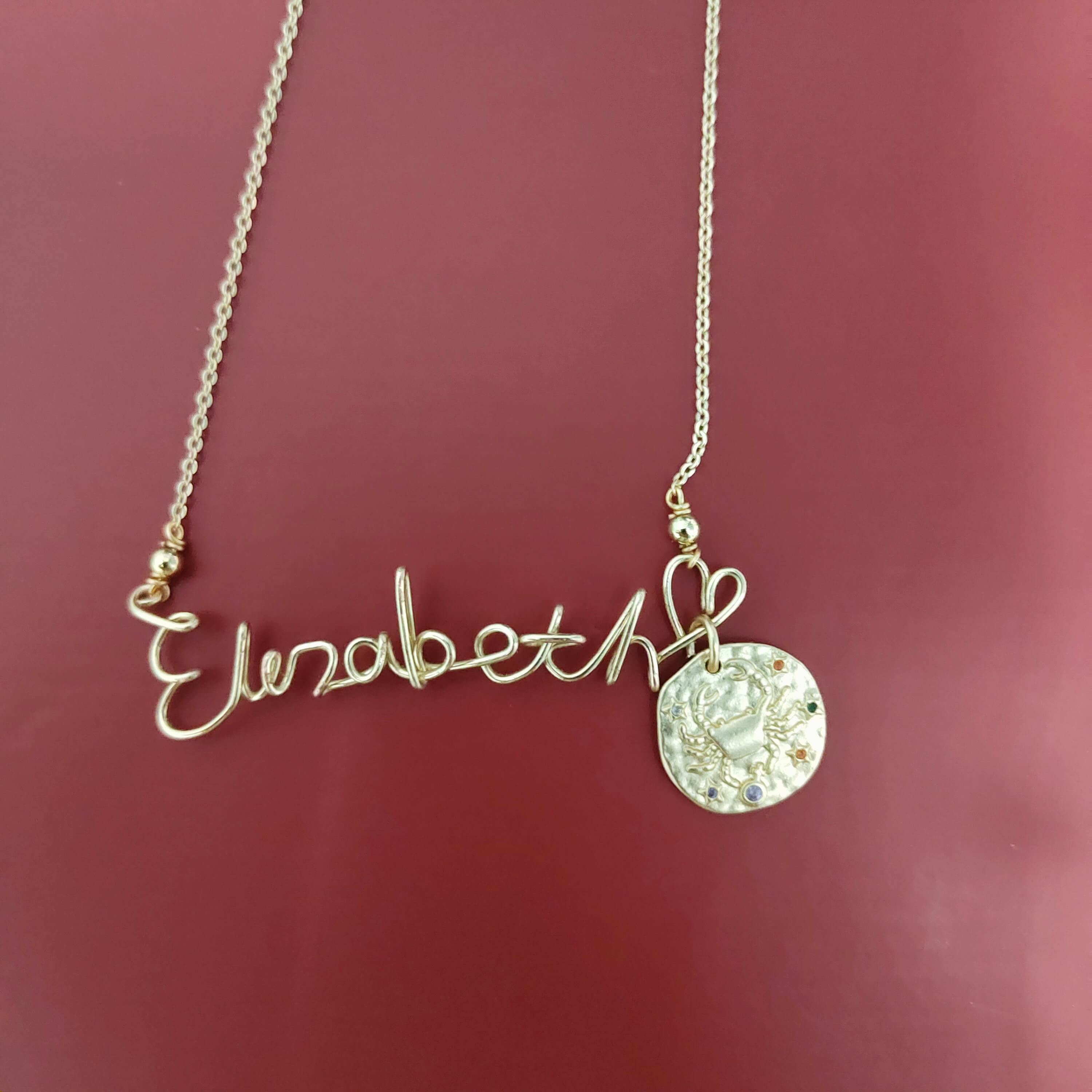 Custom Handmade Name Necklace with Horoscope Pendant, 14K Gold Filled Wire  - NovaHearts Jewelry