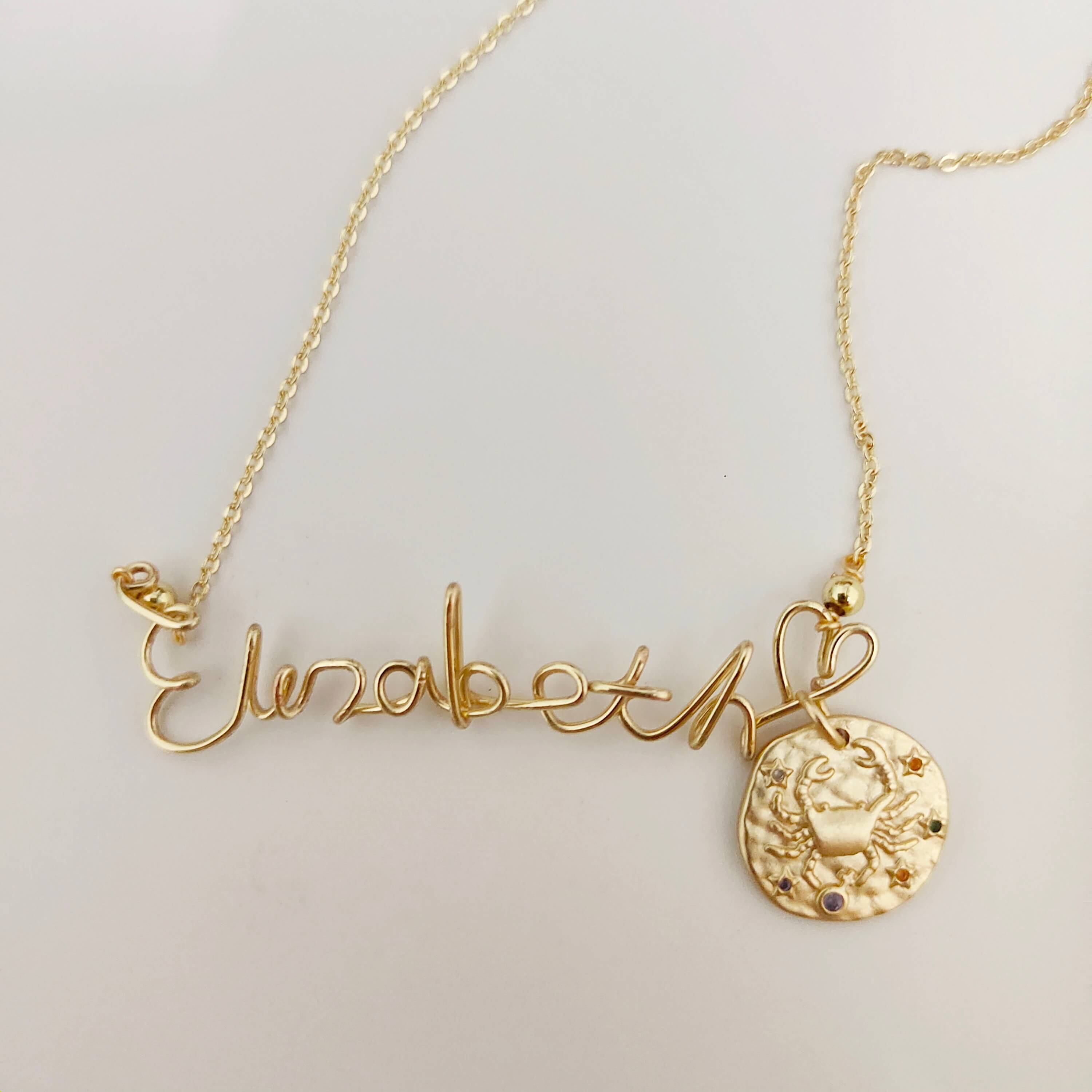 Custom Handmade Name Necklace with Horoscope Pendant, 14K Gold Filled Wire  - NovaHearts Jewelry