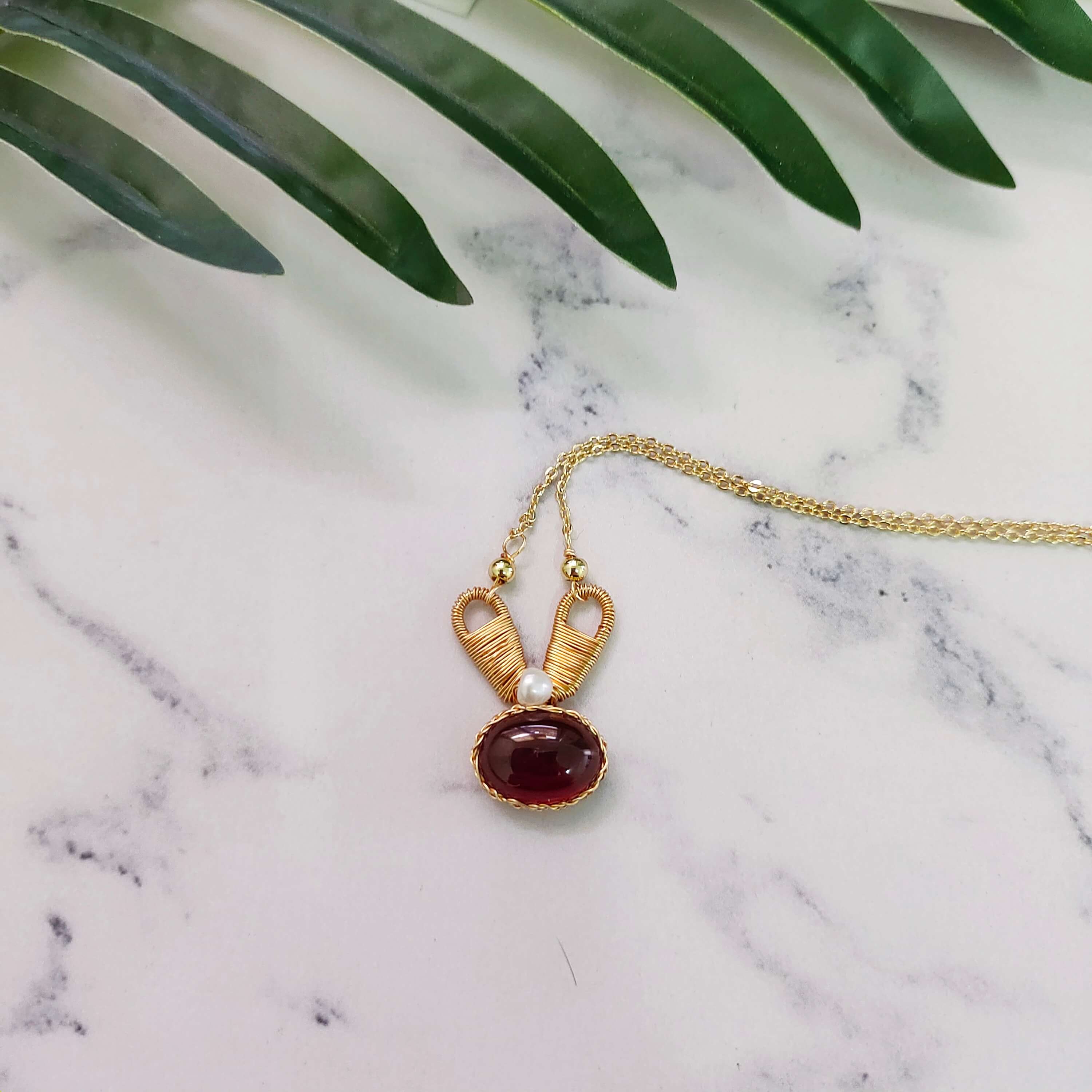 Handmade Rabbit Necklace with Gemstone, 14K Gold Filled Wire, Garnet Necklace  - Novahearts Jewelry